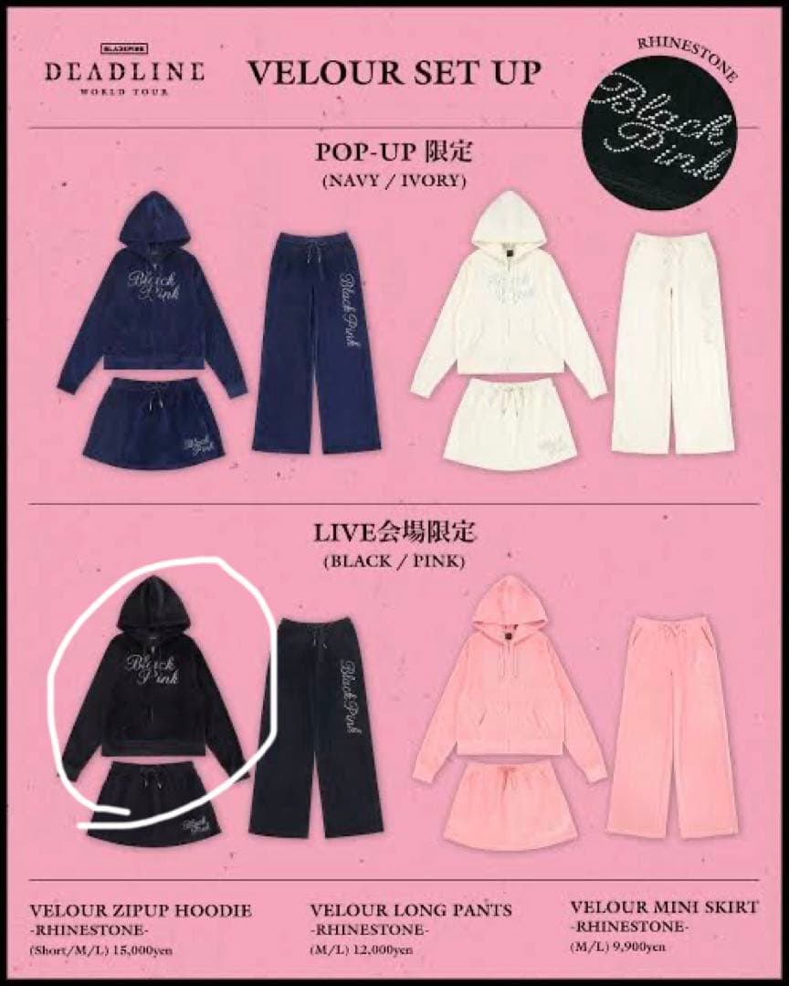 LIVE会場限定BLACKPINKベロアジップアップフーディー SHORT 黒 LIVE会場限定】ベロアジップアップフーディー -RHINESTONE-（PINK）