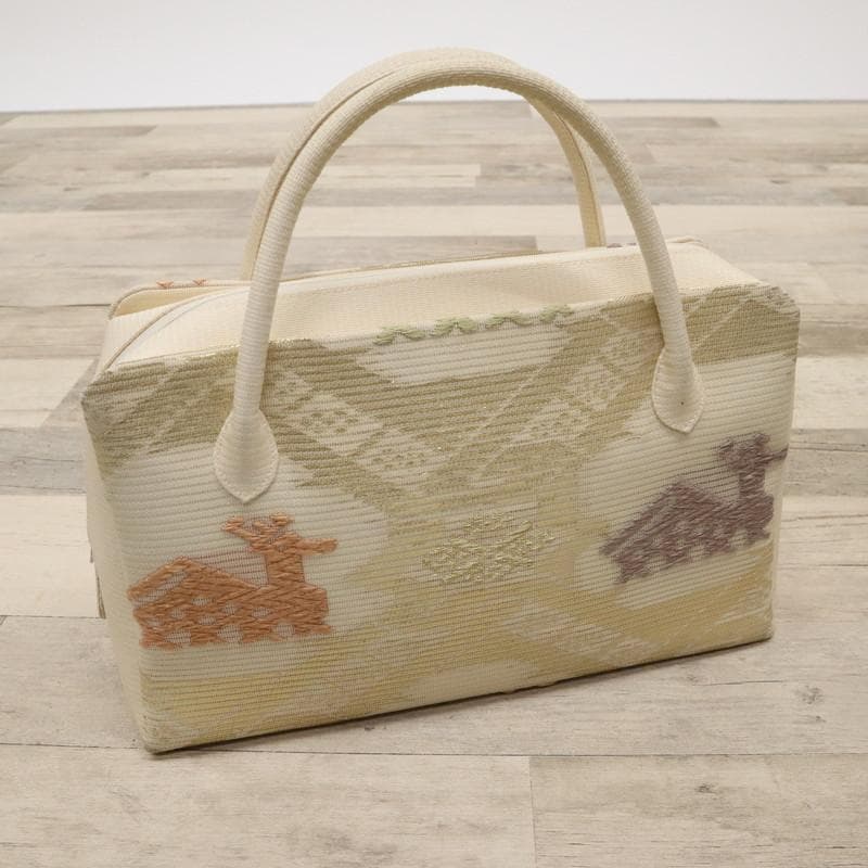 《和装バッグ◆利休バッグ■ベージュ系■有栖川と鹿刺繍＊着物♪和装Z7-20》