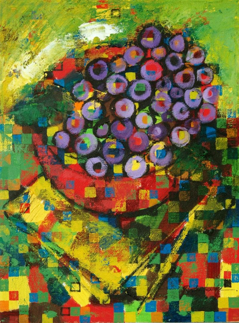 油絵 菅家令子絵 絵画インテリア額付(青緑＋金色の枠)uF6-063004