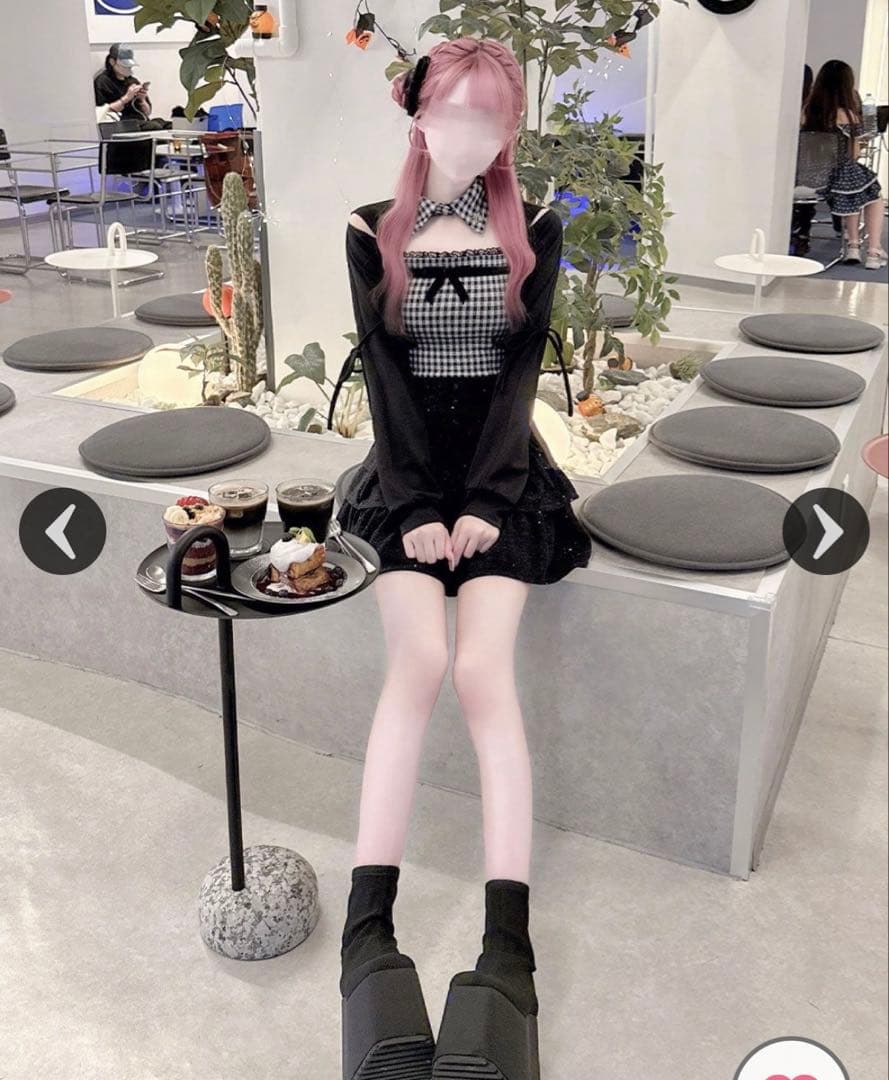 HONEYMEW ハニーミュウ リボンスリットギンガムアンサンブルトップス