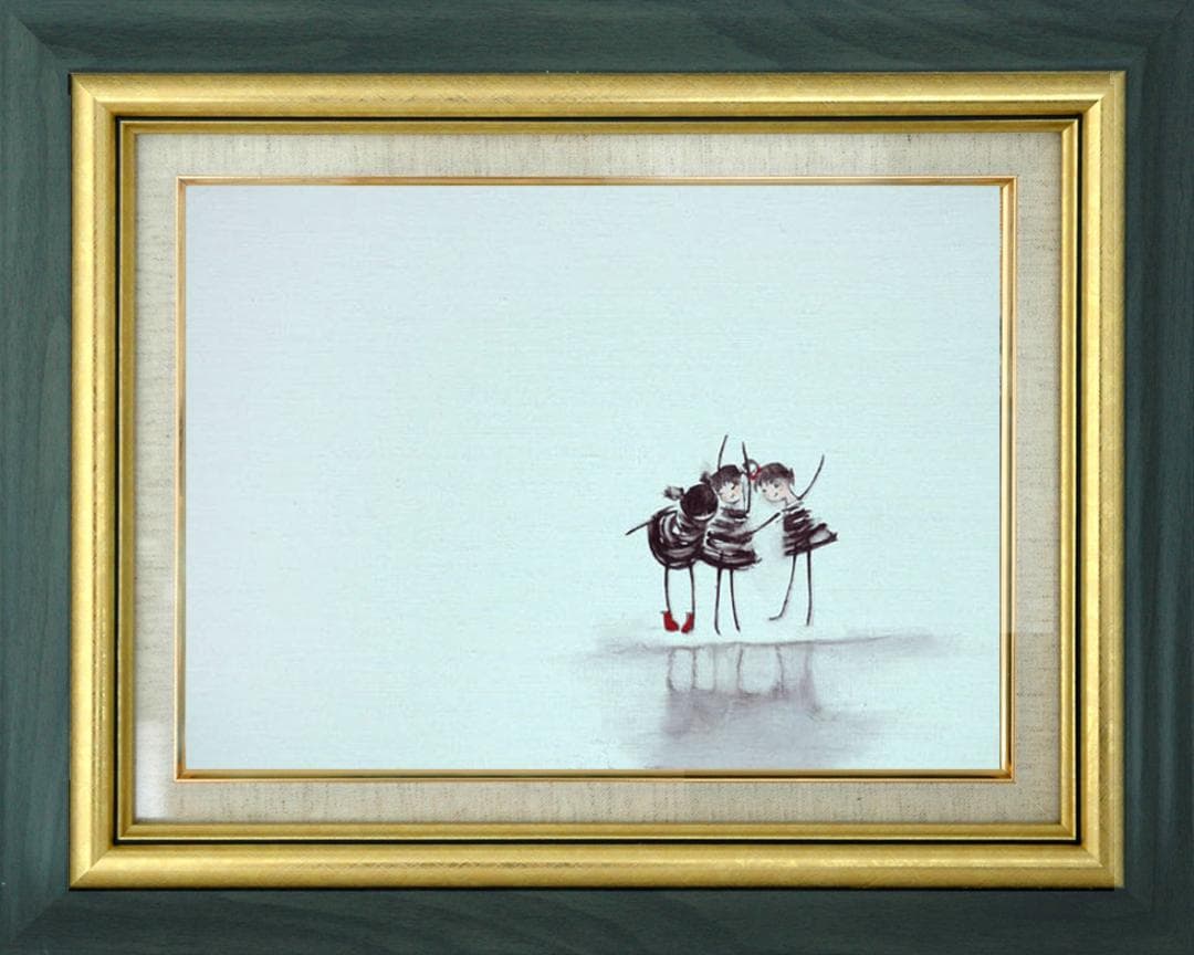 油絵 菅家令子 絵 絵画インテリア額付(青緑＋金色の枠) F4-081514子供 油絵 菅家令子 絵 絵画インテリア 額付(青緑＋金色の枠)uF6-113302花