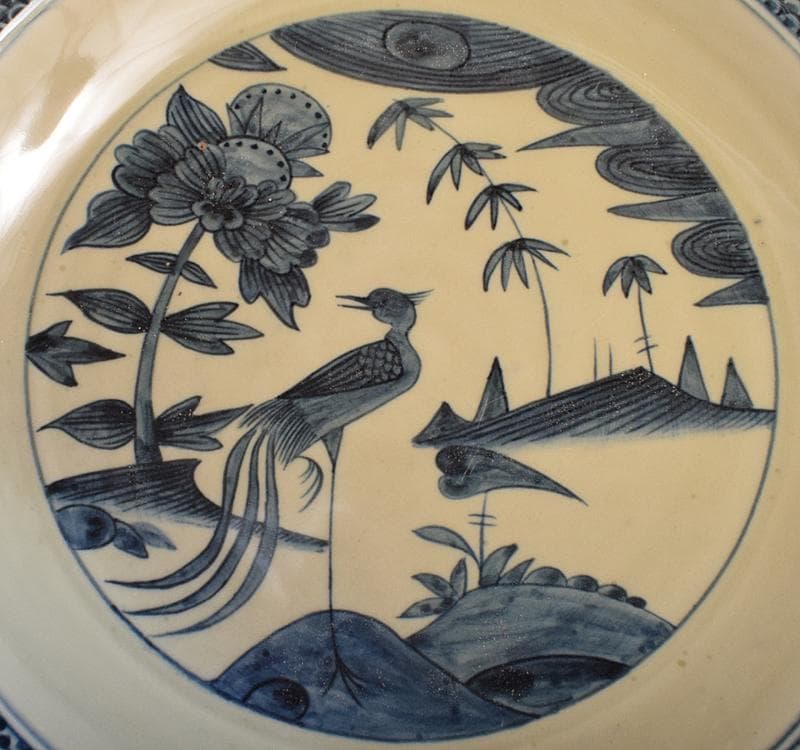 中国 青花 鳥花文 大皿 飾皿 C 3542C
