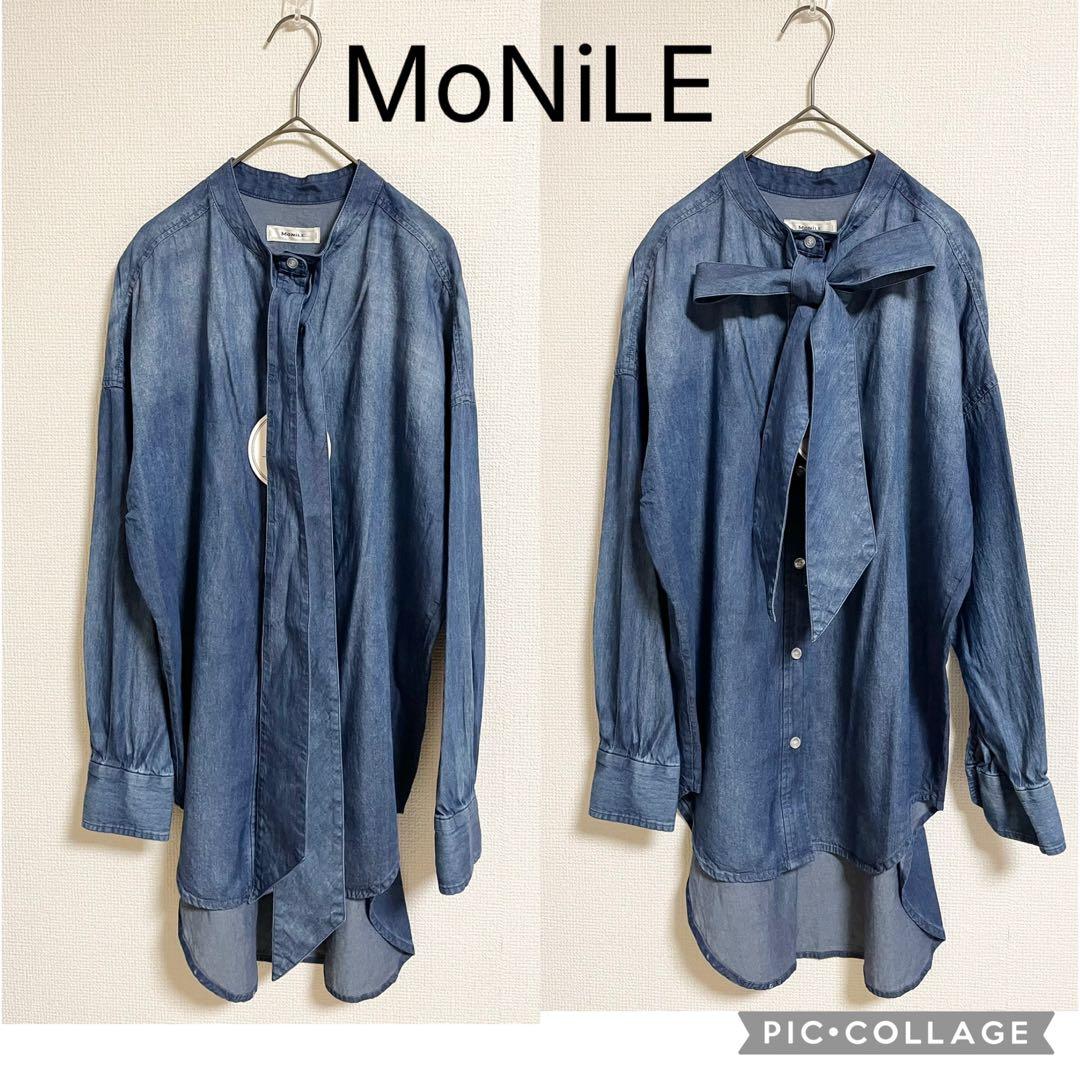 【新品】モニーレ ボウタイ リボン デニムシャツ 濃いブルー ダンガリーシャツ 45R瑠璃ダンガリーデニムのボウタイクッペシャツ（加工）: WOMEN｜45R