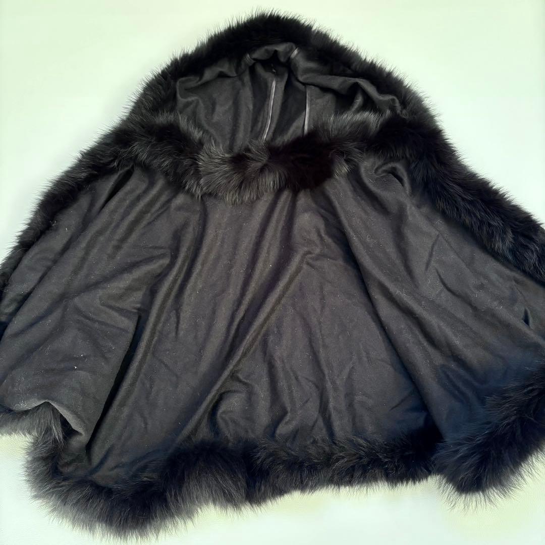 極美品 カシミヤ100% ポンチョ ファーフード付 ブラック