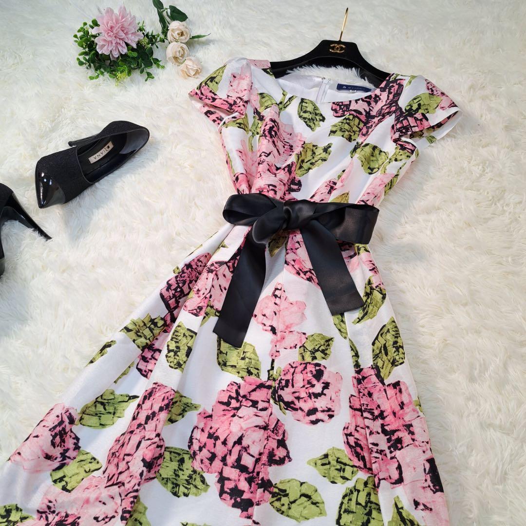 花柄✨エムズグレイシー ワンピース M 花柄 薔薇 Aライン 半袖 38