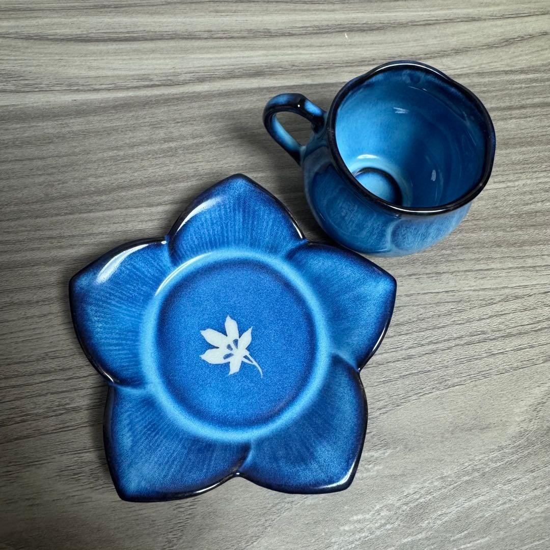 未使用】均窯花だより デミタス碗皿揃 ブルー 美濃焼 桔梗 昭和レトロ