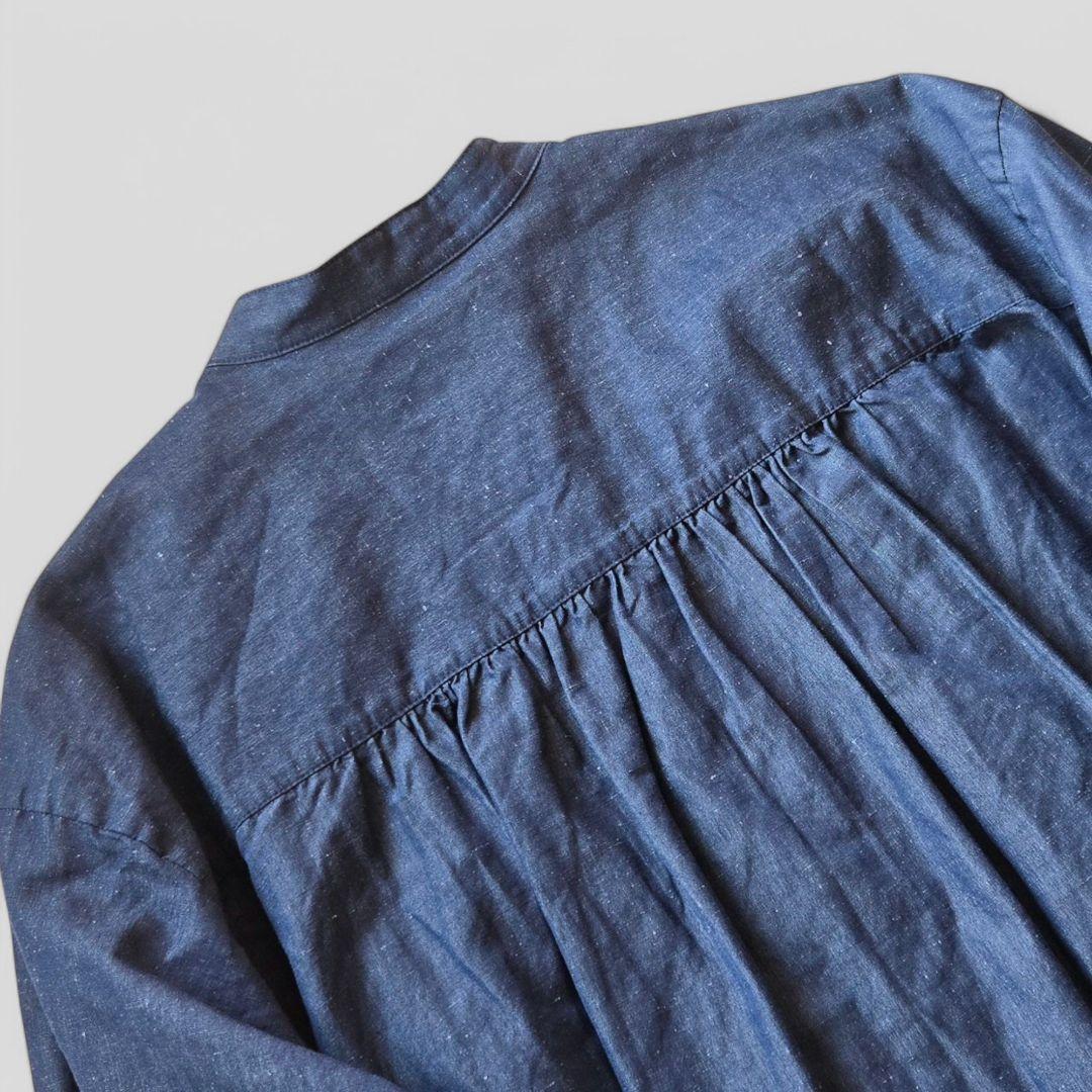 美品⭐ユナイテッドアローズ UGCSフリルスタンドカラーシャツ NAVY リネン