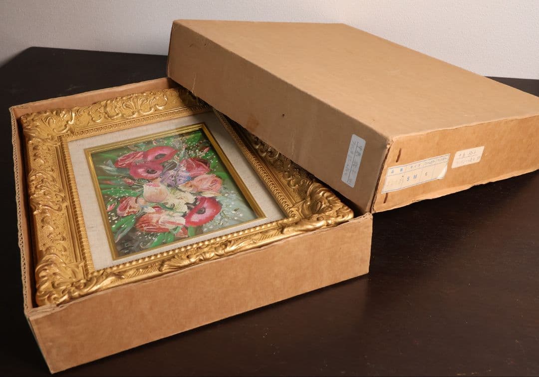 真作】中島裕子 油彩 SM号「ファンタジーの花々」額装 ポピー 薔薇