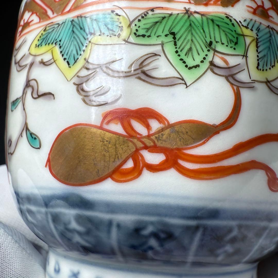 江戸後期 古伊万里 色絵金瓢箪文輪花形向付 五客 ○×高台 小鉢 蕎麦