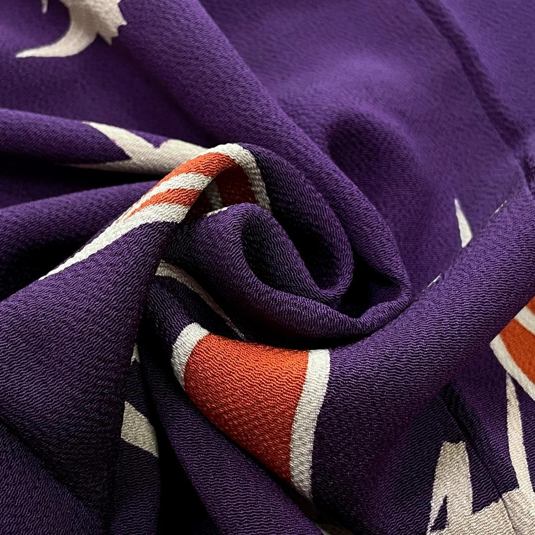 訪問着 一つ紋 正絹 ちりめん 金彩 折り鶴 紫 アンティーク着物 A-2722