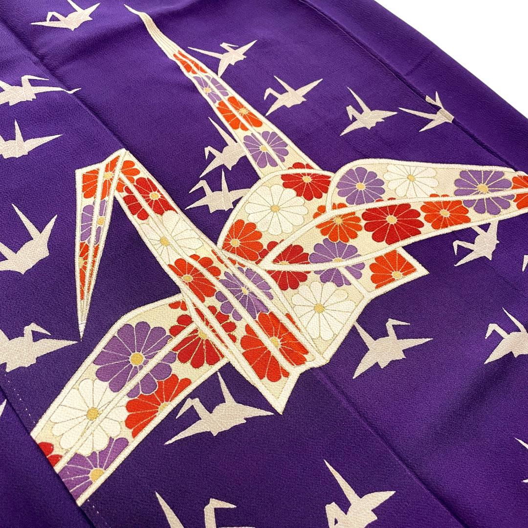訪問着 一つ紋 正絹 ちりめん 金彩 折り鶴 紫 アンティーク着物 A-2722