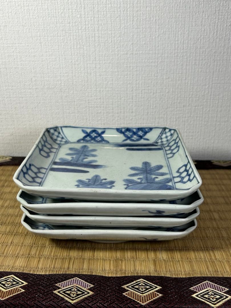 古伊万里《若松紋》角皿　江戸時代 4枚　無傷