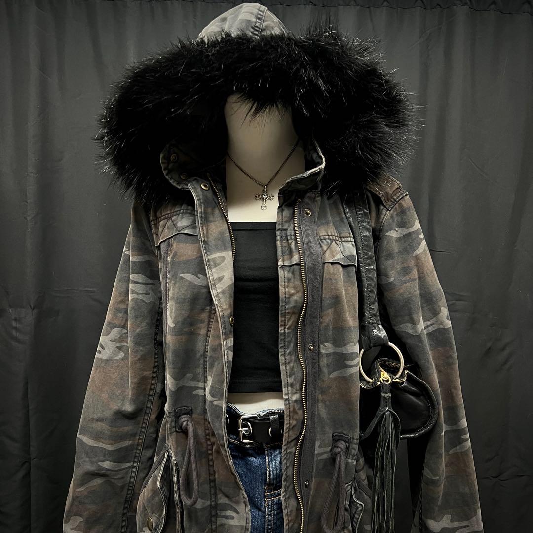 ダークコア 平成ギャル y2k ファー付き モッズコート 迷彩 グランジ