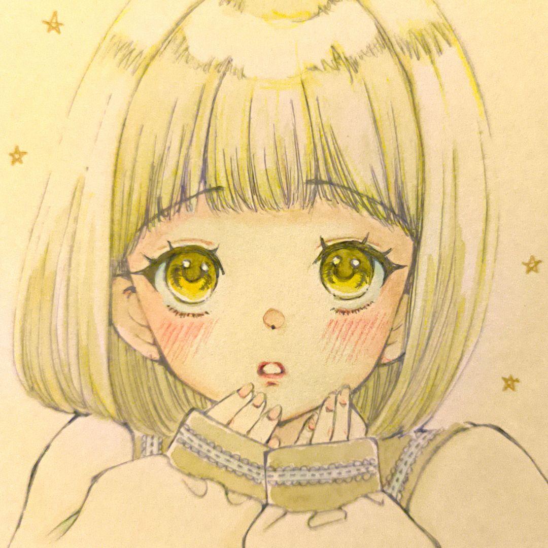 日本の女の子22 てれ顔 手描きイラスト オリジナル アナログ 線画 原画