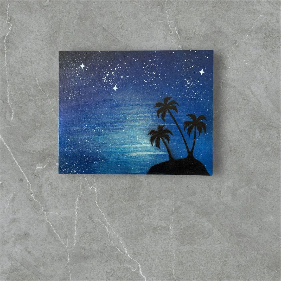 355】スプレーアート 風景画 景色 夜の海 ヤシの木 星空 ブルー 南国