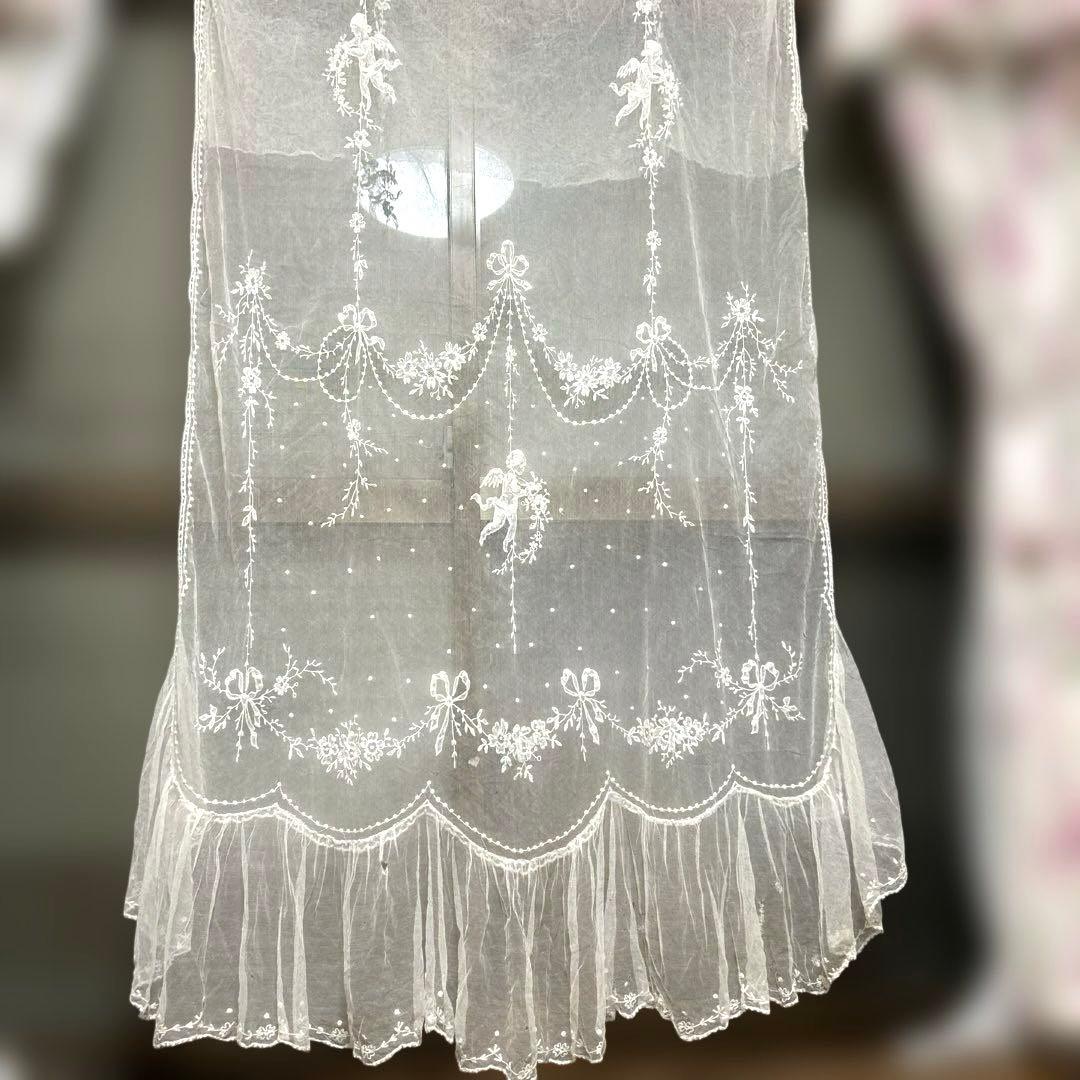 専用　フランスアンティーク　チュールレース　カーテン　天使　ガーランド　リボン 2枚1組) フランス アンティーク チュールレースカーテン 刺繍 エクリュ