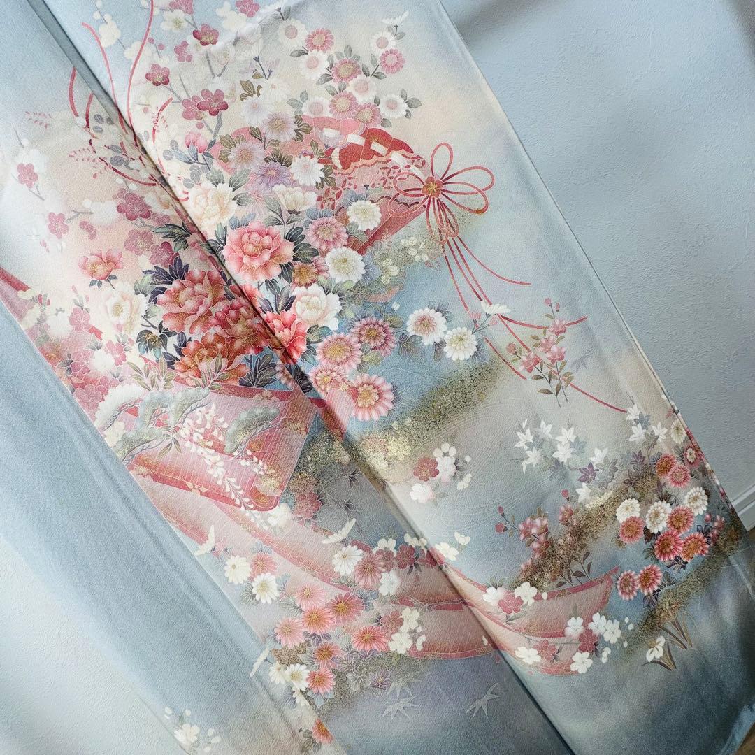 超美品 正絹 袷 広襟 訪問着 付け下げ 着物 162裄61.5 水色 作家物