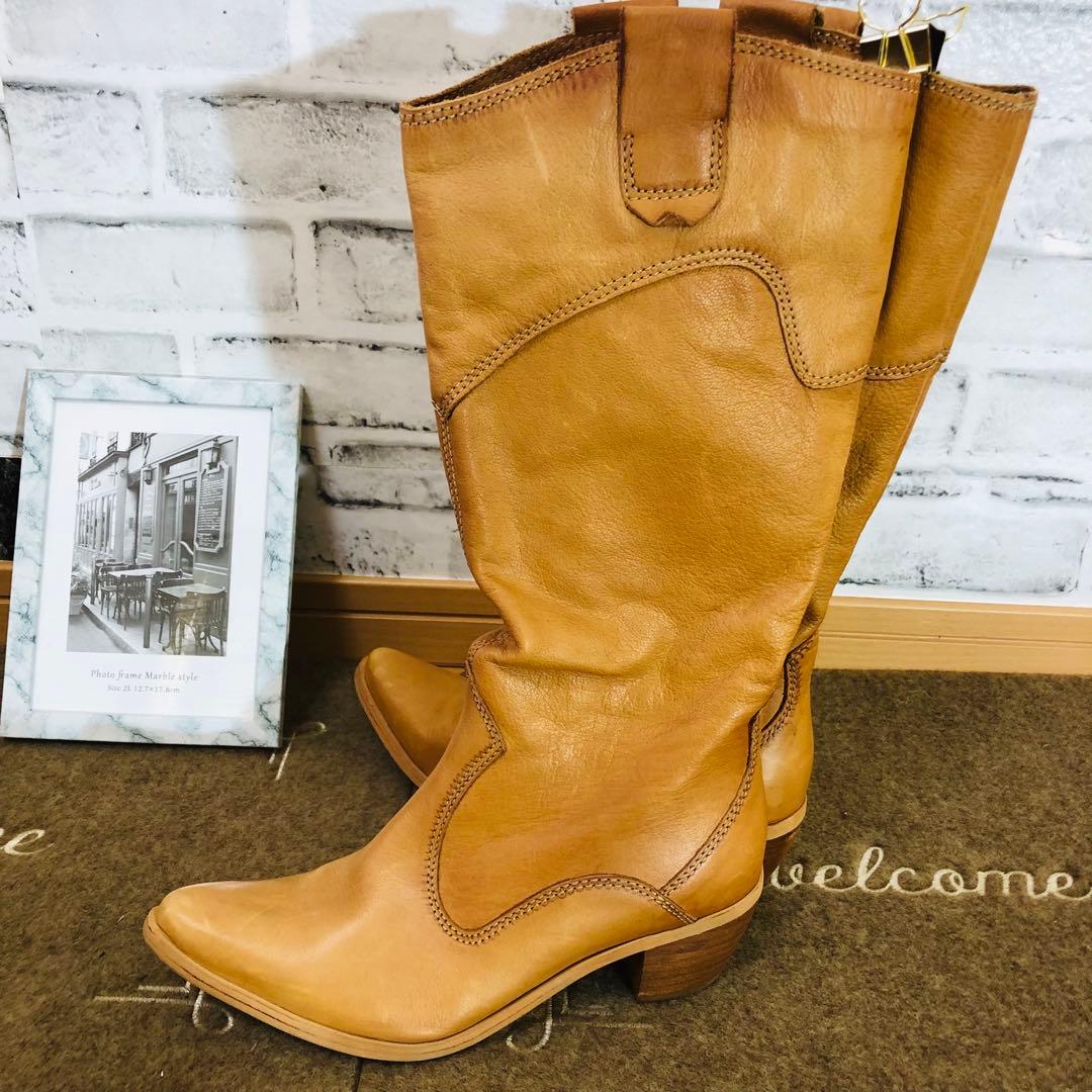 ブーツ ウエスタンブーツ ロングブーツ レザー製 ベージュ23.0 - メルカリ