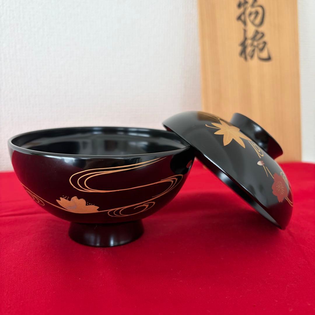 輪島塗椀 5客セット 金色と赤色の花模様 - 工芸品最高 の