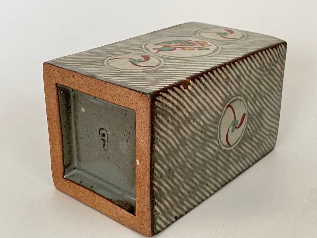 陶芸家 人間国宝 島岡達三 象嵌赤絵 方壺 角瓶 花瓶 花入 縄文