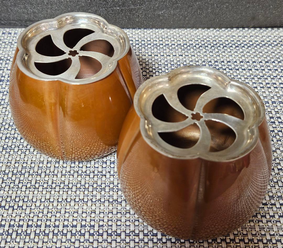 銀座 山崎商店謹製 赤銅 阿古陀香炉 一対 共箱 茶道具 香道具 透かし蓋