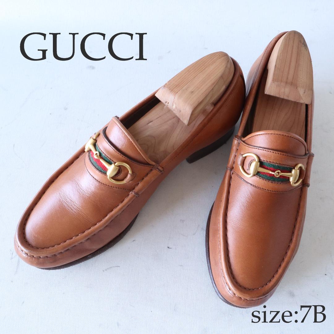 グッチシェリーラインホースビットローファー 茶×金 レザーソール 7 24