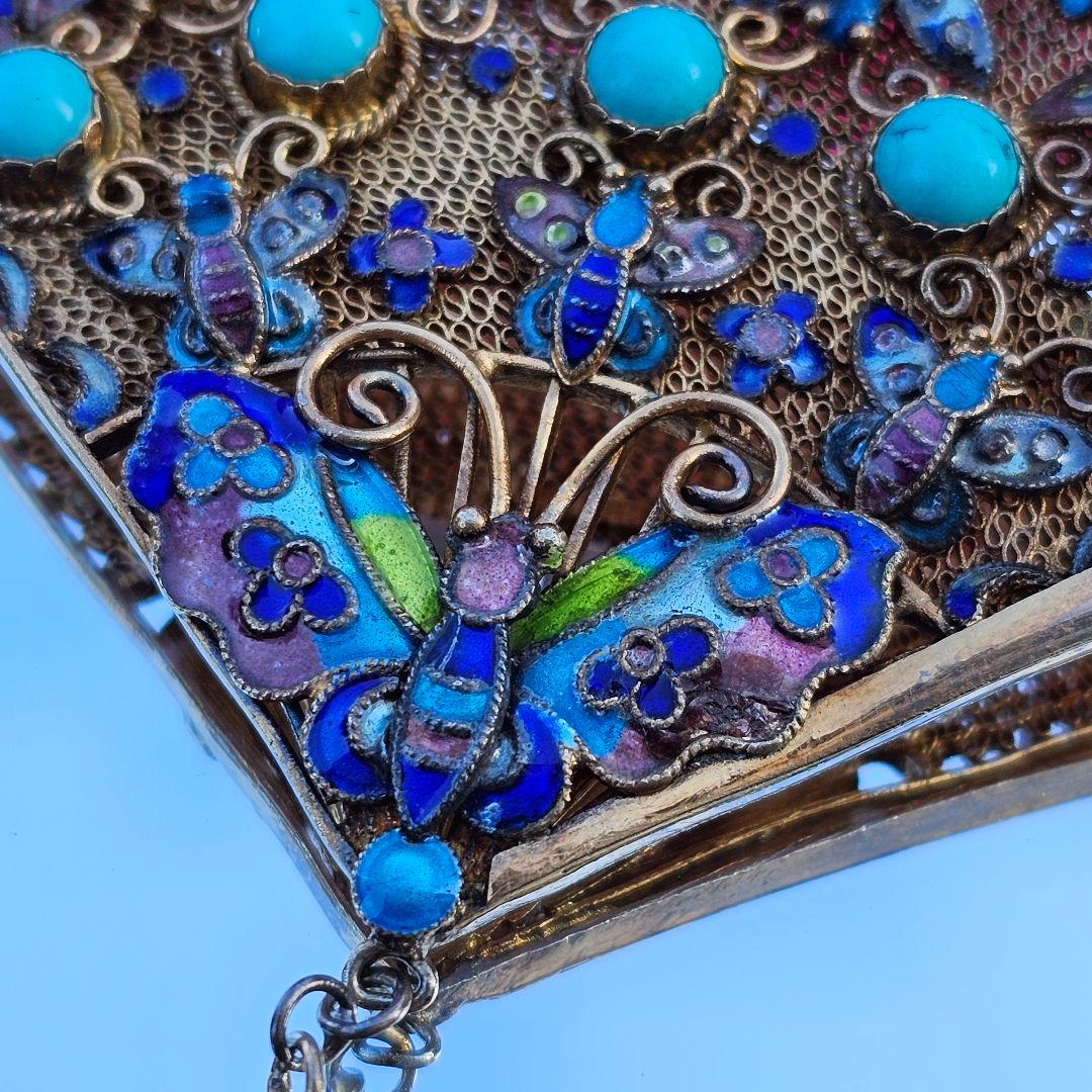 264】中国七宝 銀線細工 蝶々 ヴィンテージブローチ ターコイズ 扇