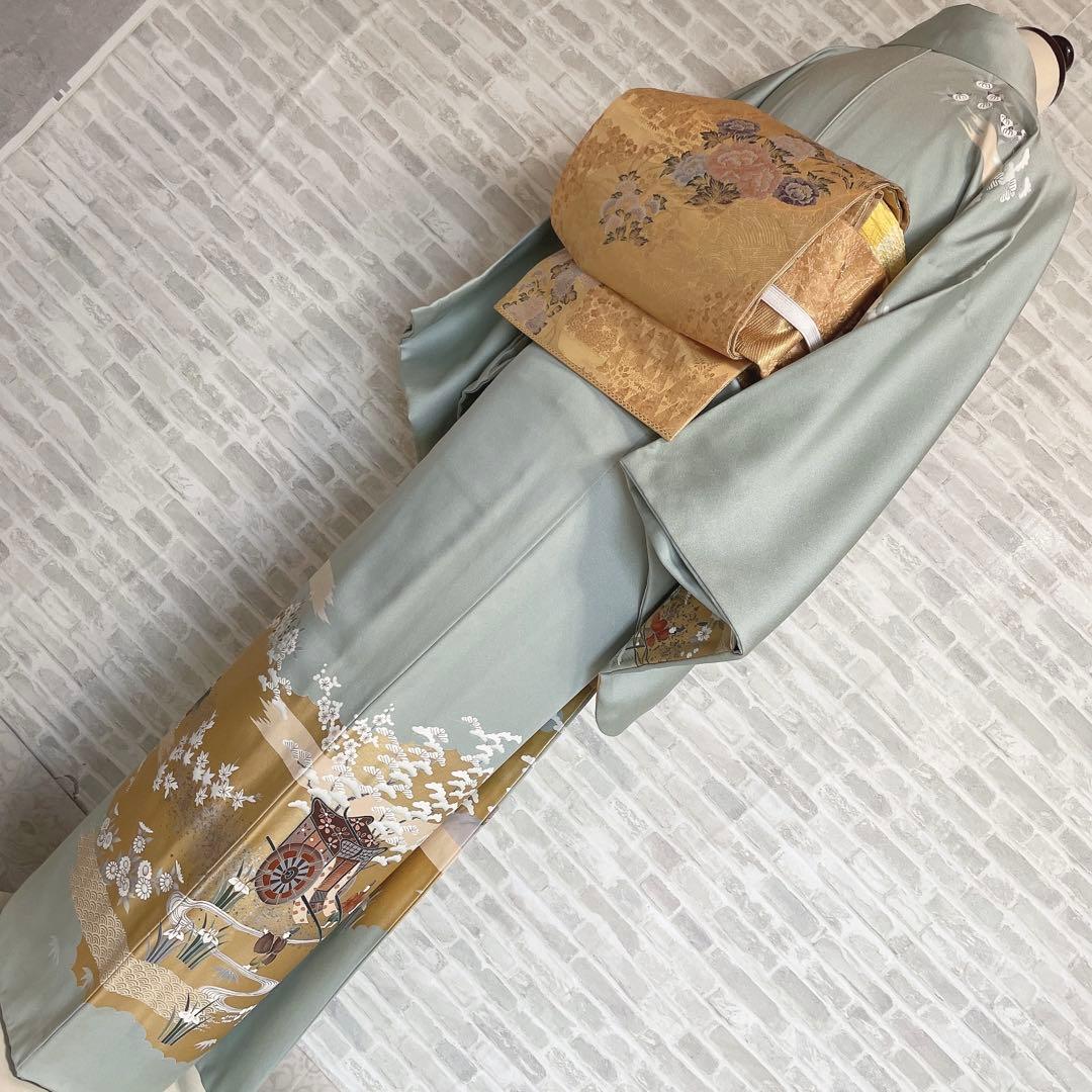 訪問着 フルセット 御所車 橘 金彩加工 落款 着物 風景画 H2