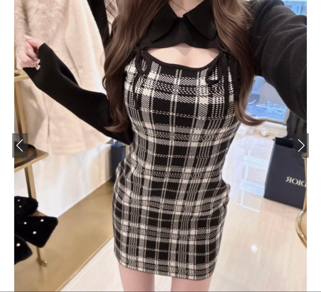 チェック柄フロントオープンリボンニットミニワンピース[ru1373