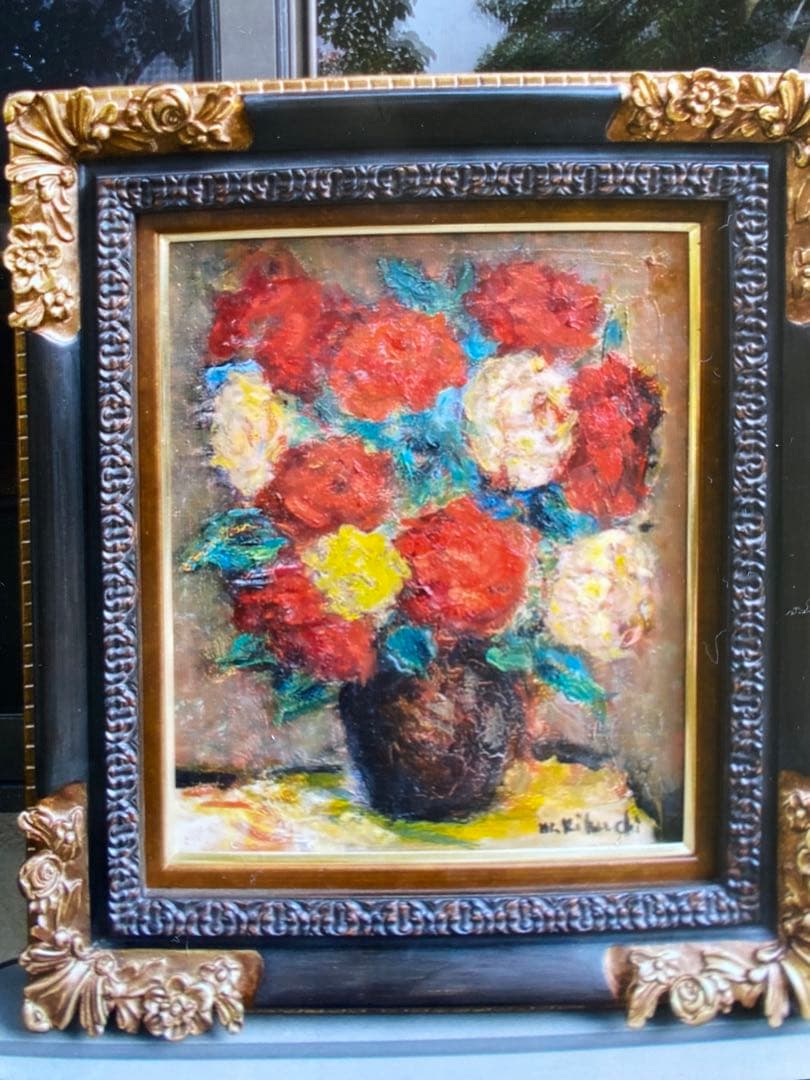 絵画 油彩画 油絵 F8 「2色のバラ」パリ 菊地正則 豪華 美品 額付き