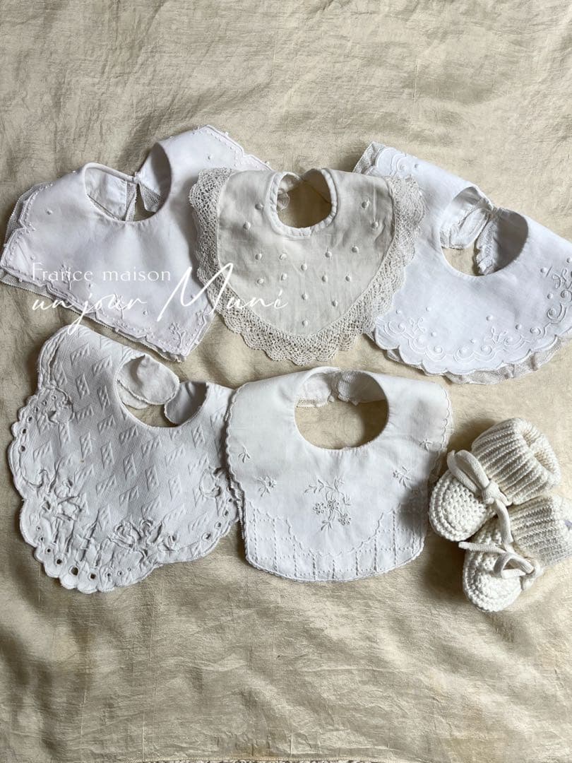 ◆SALE◆フランスアンティーク｜手作りスタイ5枚レース刺繍ドールテディベア アンティーク テディベア | フランス 舌を出したテディベア ドール用