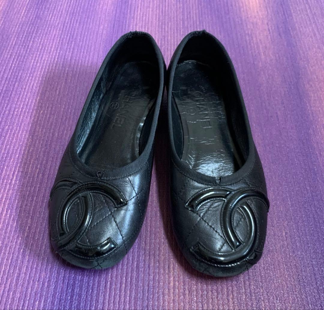 売り切りCHANEL ブラック バレエシューズ　カンボン　ブラック×ブラック 4632 シャネル カンボンライン レザー ココマーク バレエシューズ