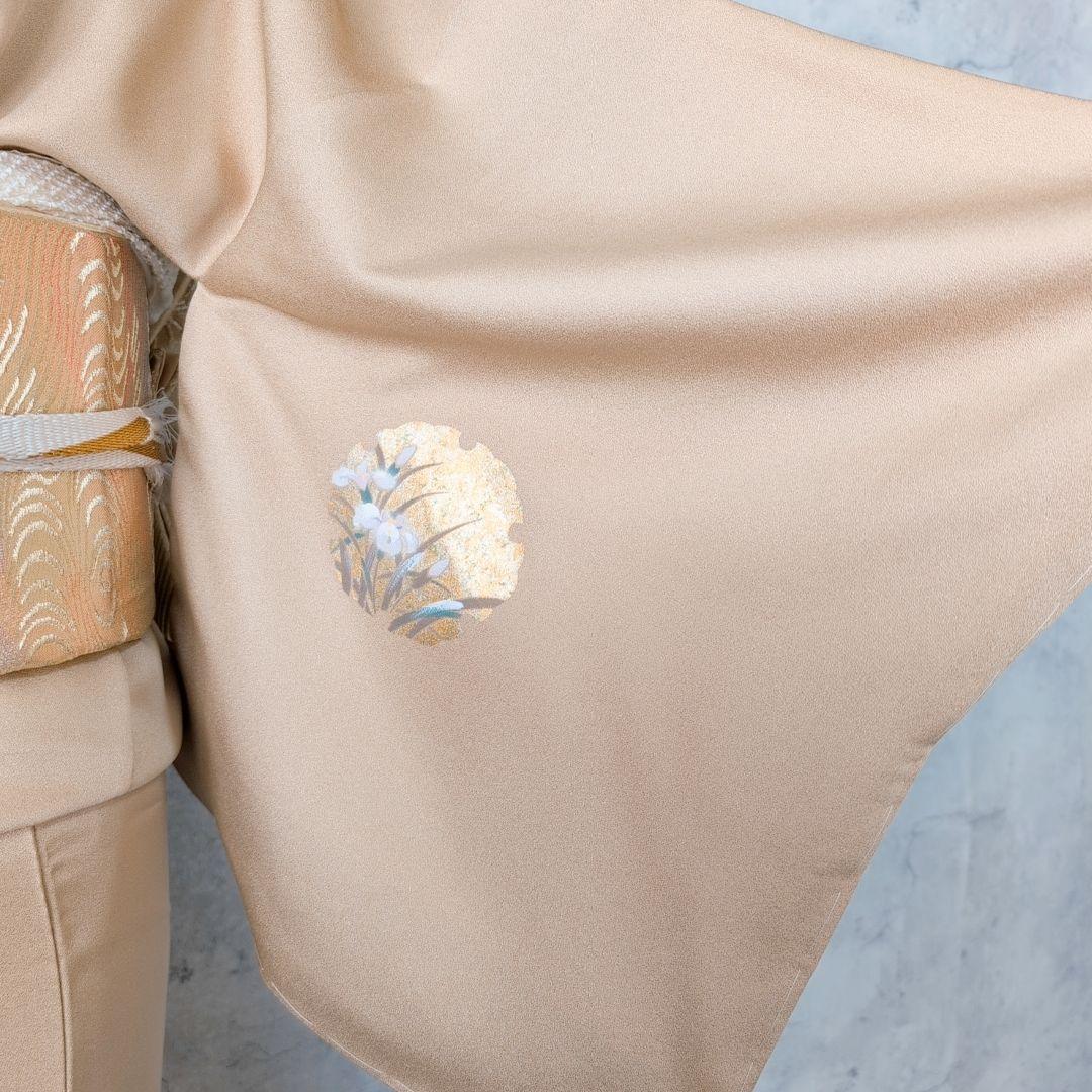 訪問着 フルセット 着物 正絹 ゴールドベージュ Sサイズ 花 しつけ糸金