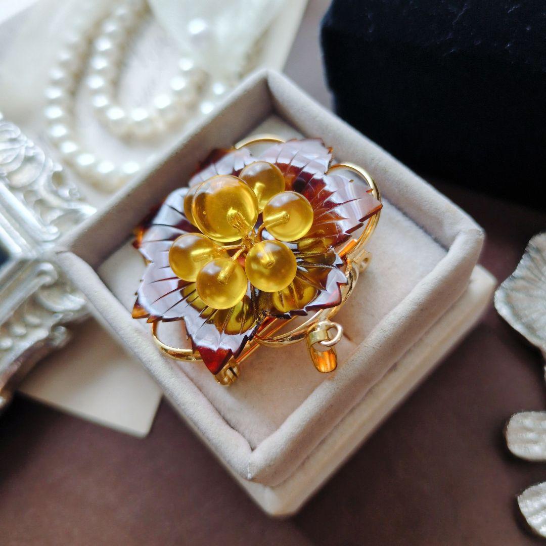 本鼈甲 ラクト珠 べっ甲細工 フラワー ブローチ ペンダント ゴールド