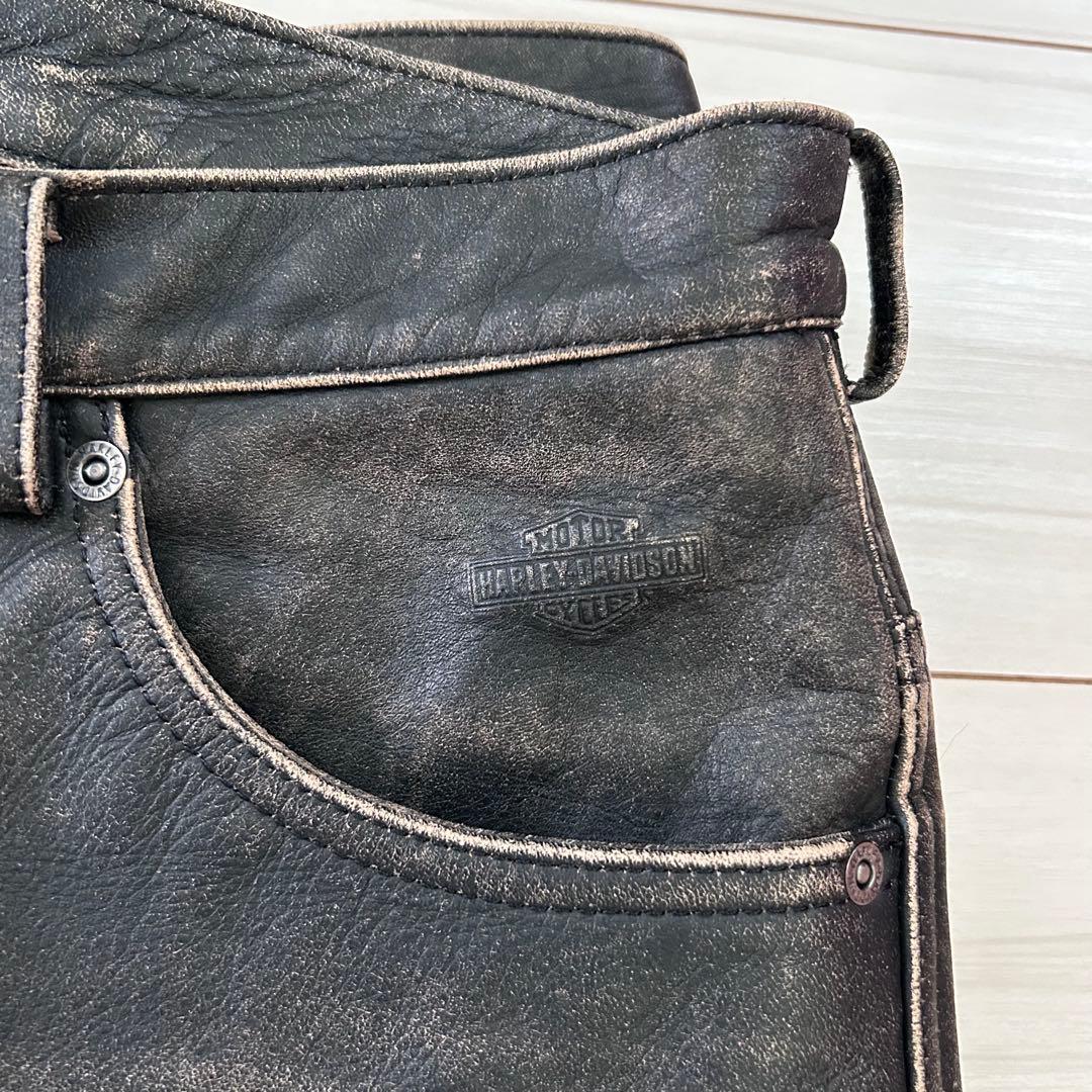 Harley-Davidson レザーフレアパンツ ブラック ユーズド加工 - メルカリ