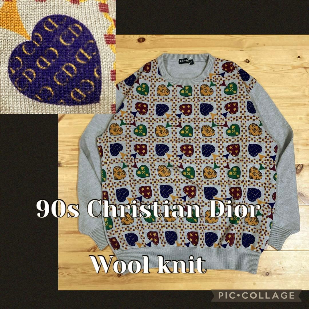美品　90s Christian Dior ウールニット　ブルーグレー　CDロゴ 古着 90s Christian Dior ワンポイント フルジップ 3tone スウェット