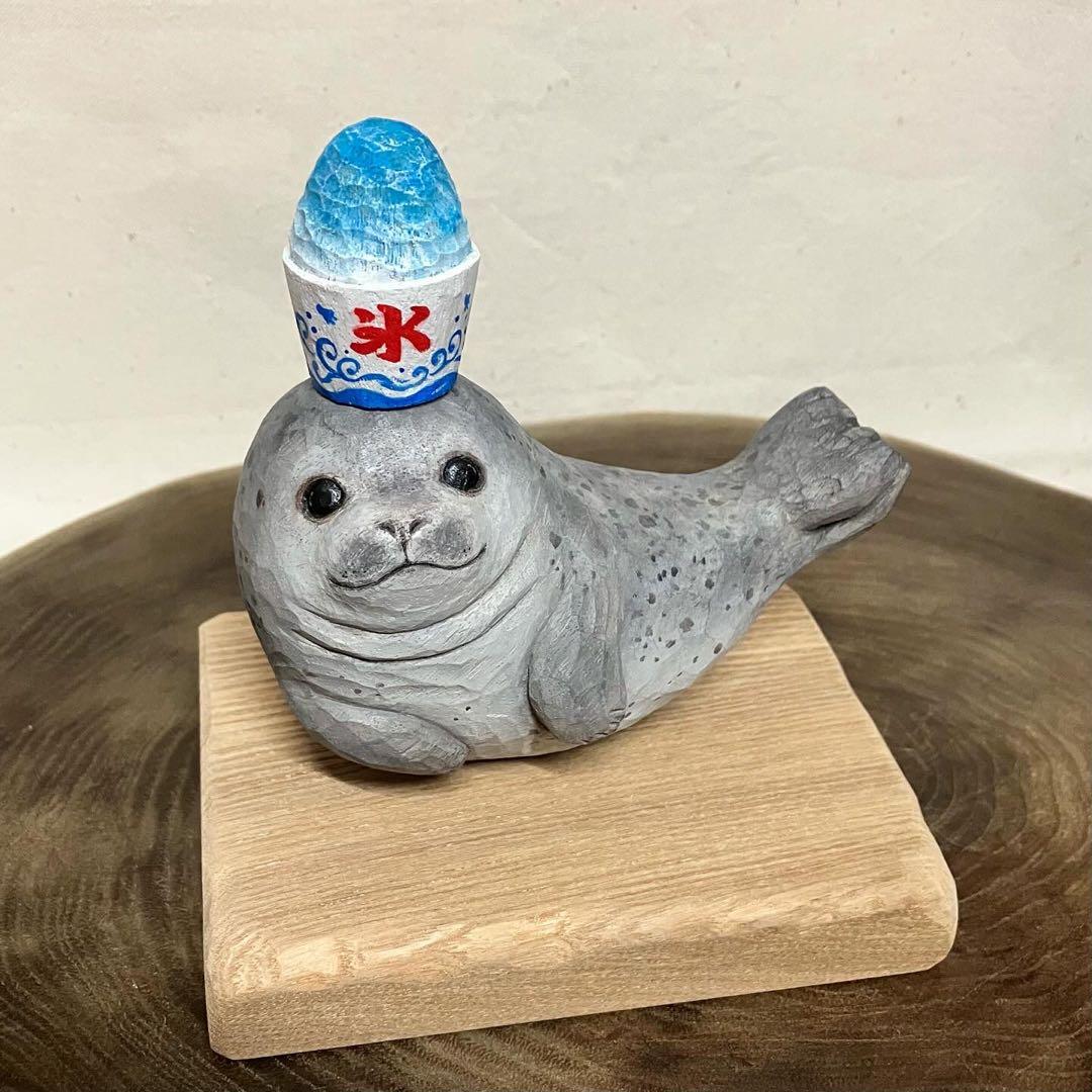 木彫りのアザラシ 作品1343】ゴマフアザラシ 手乗りゴマフアザラシさん完成‼️ ゴマ感