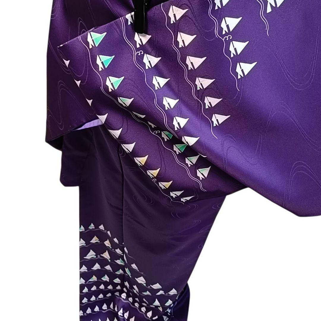 K141 袷 お召し物 着物 小紋 付け下げ 化繊 洗える着物 ヨット 紫