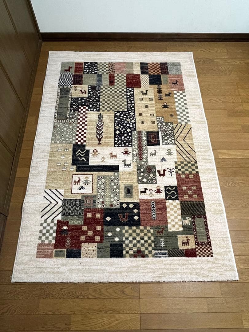 ウール100%パッチワークラグ 133x195 cm　中古 sale】 71×120 パッチワーク 手縫い レア オーバーダイ トルコ