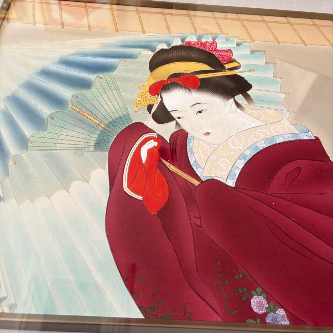 堀江浮水 (堀江豊生) 肉筆「雨乃日」額装 美人画 日本画 A