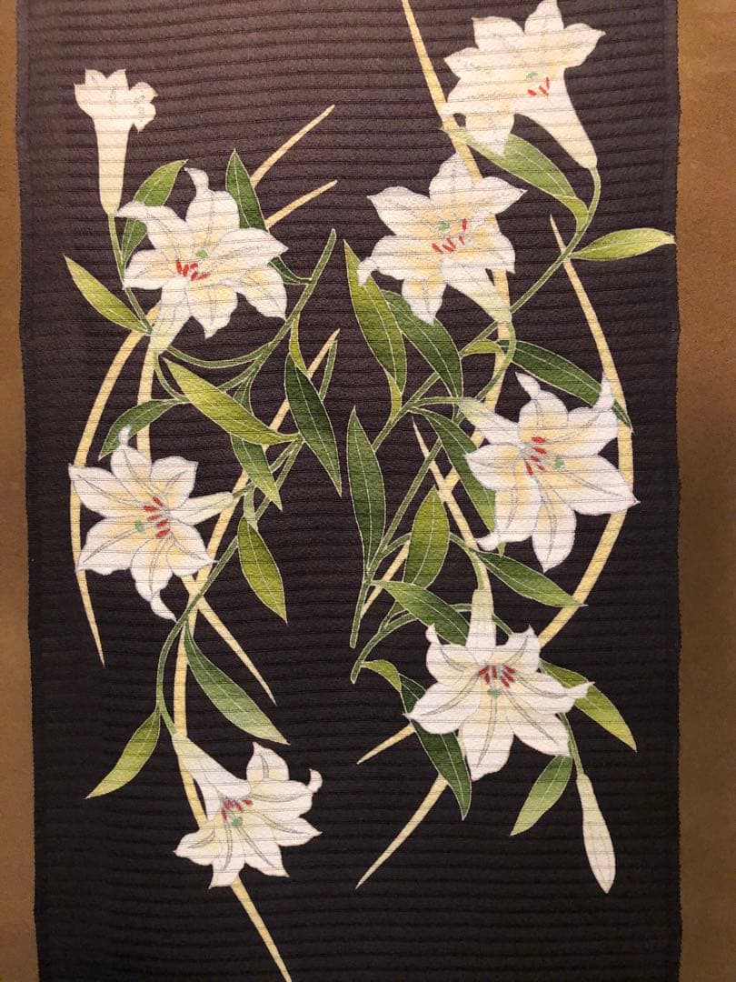 お値下げ致しました。」単衣 夏染帯 百合 新品未仕立、生地は絽縮緬