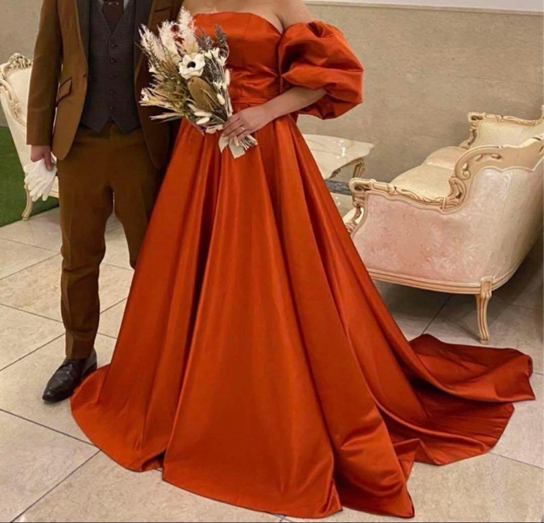 オレンジ サテン オフショルダードレス パーティードレス オレンジ オフショルダー 光沢サテン 編み上げ