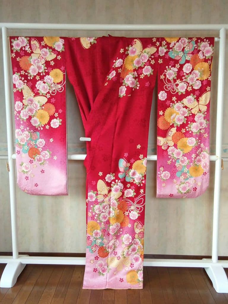5165振袖単品 KANSAI寛斎ブランド 赤ピンク蝶 正絹 成人式卒業式結婚式
