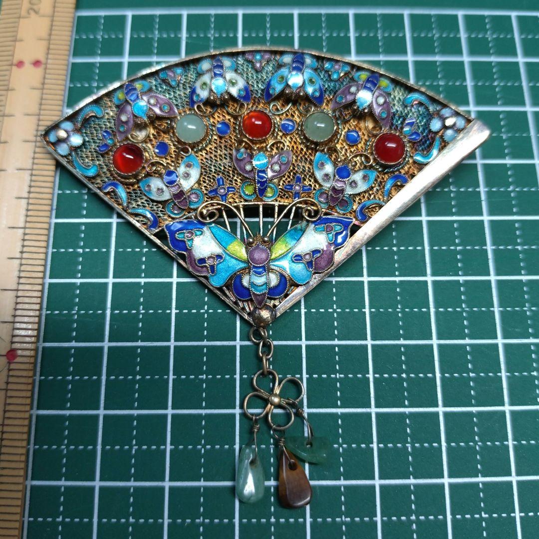希少】七宝焼 透かし扇 銀線細工 ブローチ