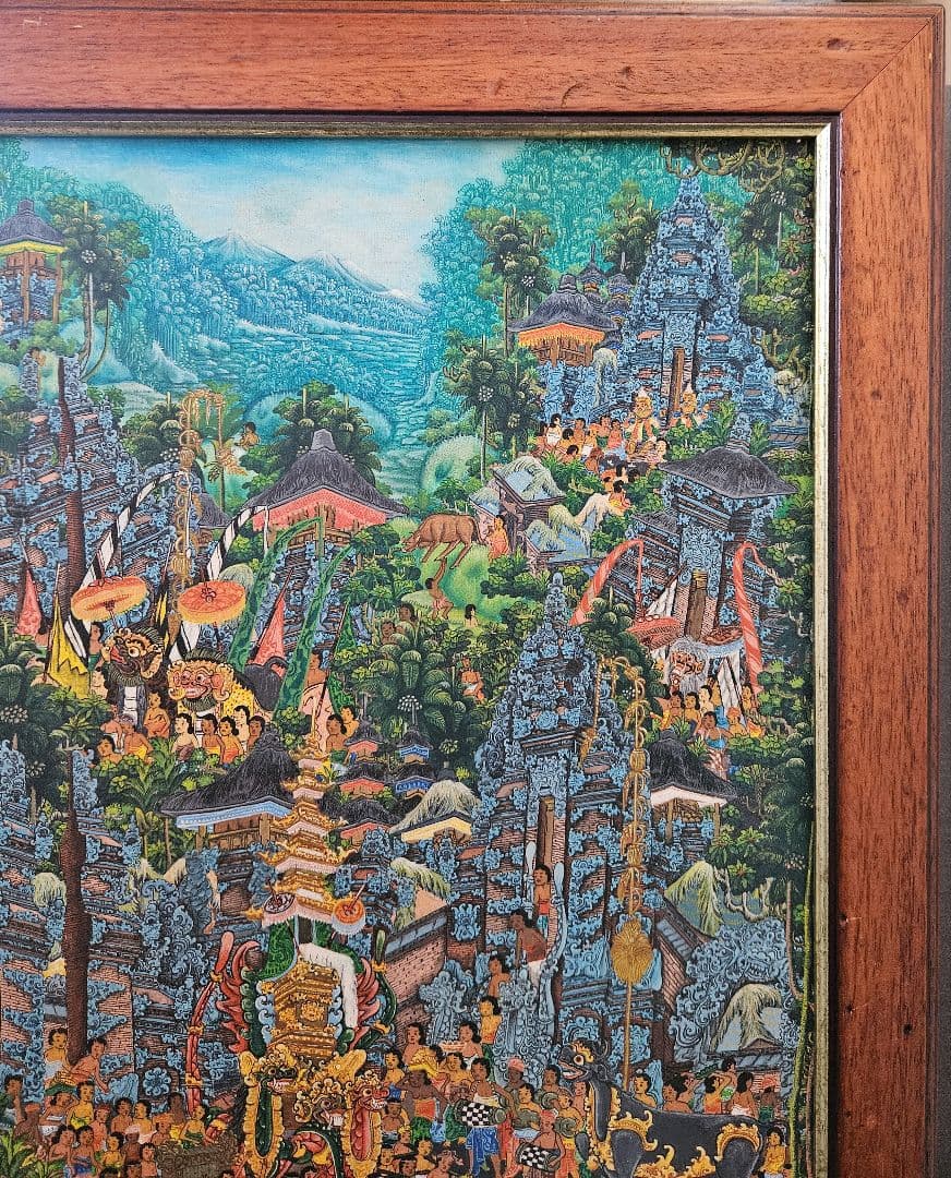 バリの風景 油彩画 PADE KETUT BONGKASO 寺院お祭り図 額装