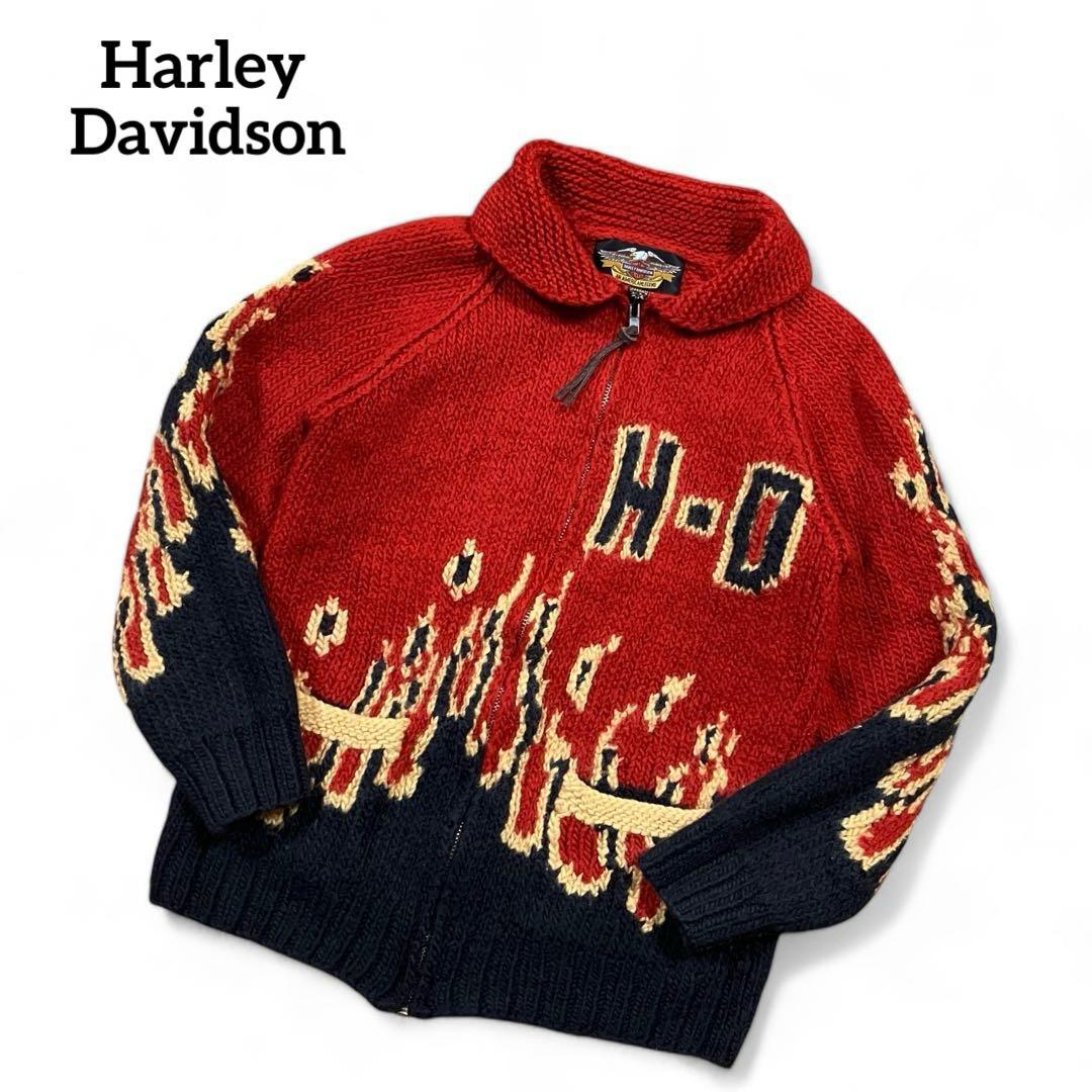 ハーレーダビッドソン ファイヤーパターン ニット カウチン ジップ 赤