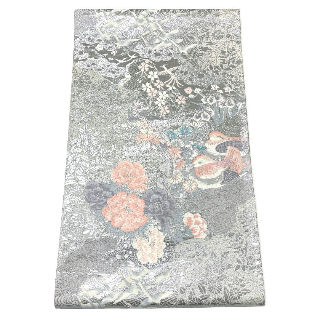 A1844 ○高級 正絹 唐織 プラチナ箔 六通 袋帯 オシドリ 鶴 - メルカリ