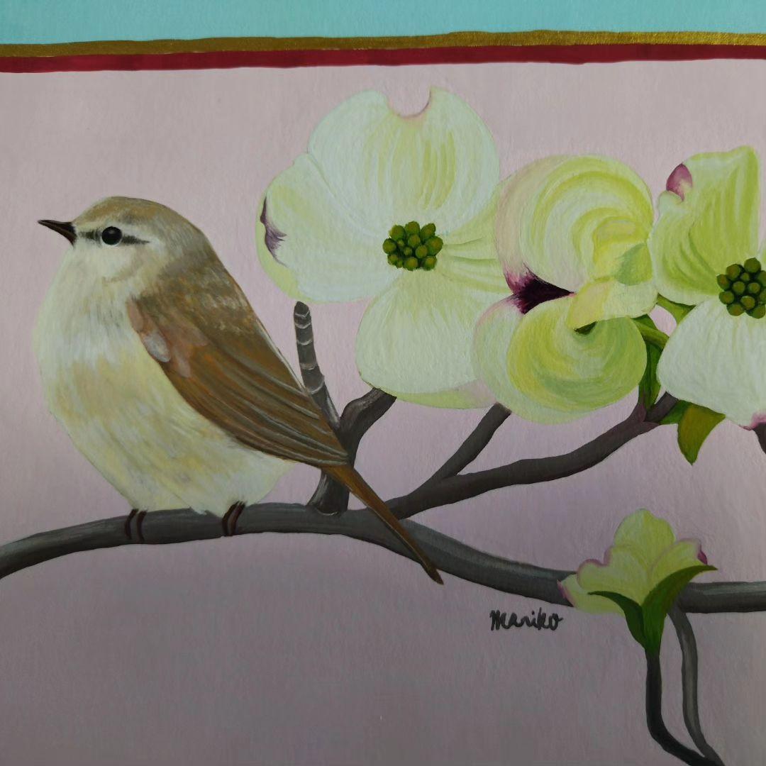 ウグイスとハナミズキ　ガッシュ画