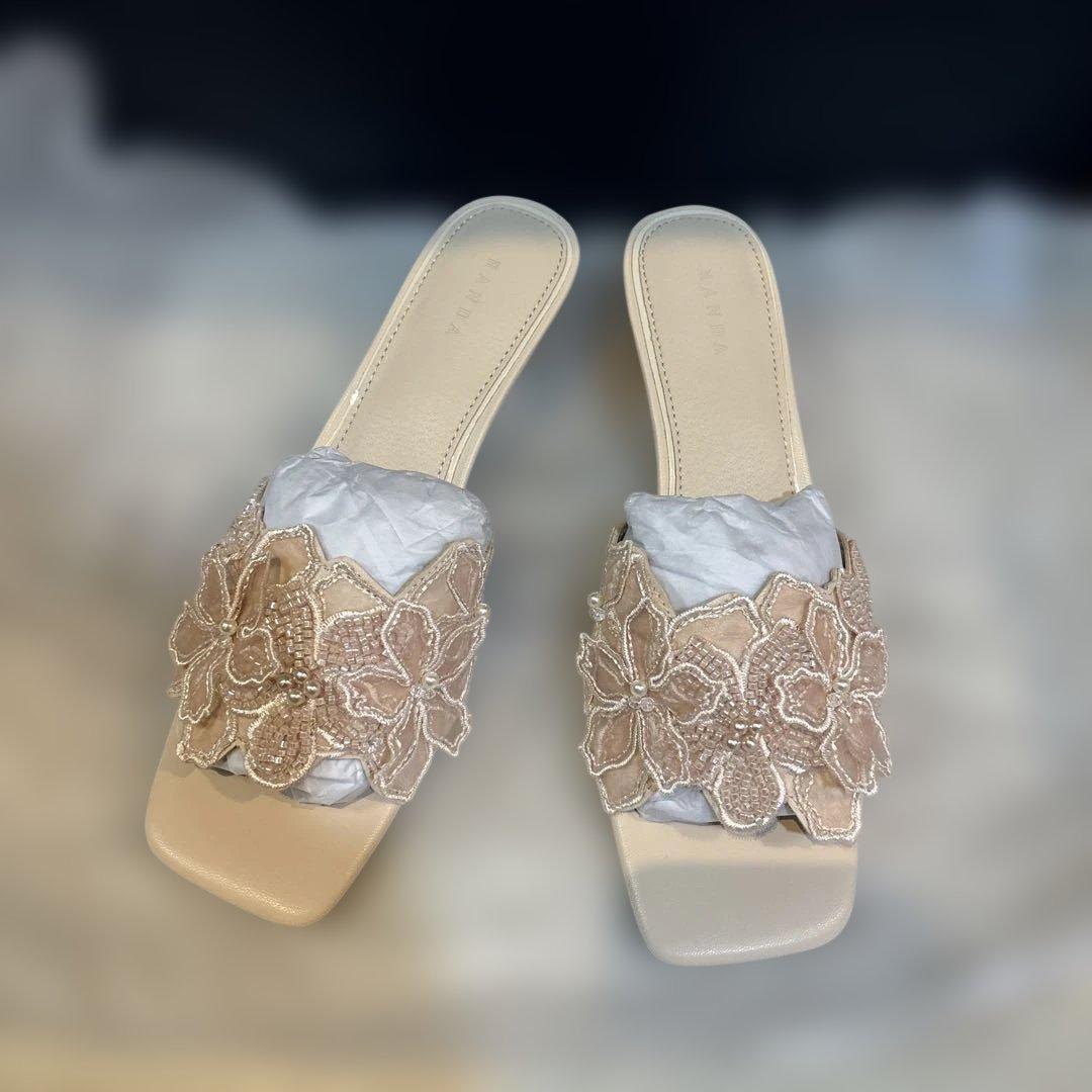 新品未使用】RANDA フラワー×ビーズ ミュールサンダル M ピンク