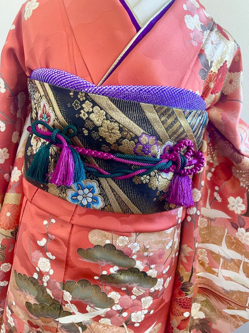 な*お様 振袖 振袖フルセット 着物 鶴模様 竹松 金彩 朱色 金糸